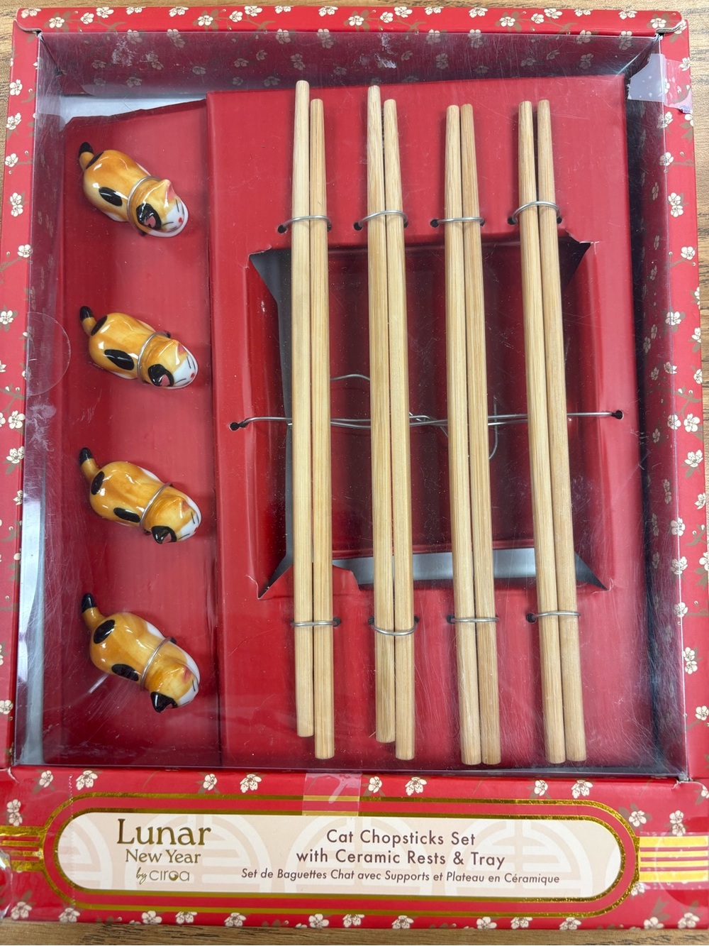 Ciroa Red and Natural Wood Cat Chopsticks Set